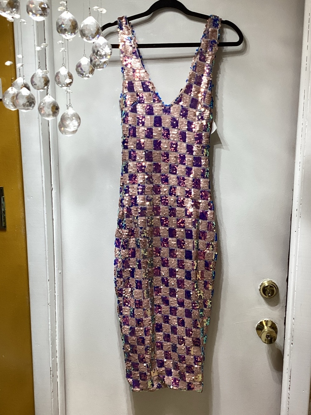 AKIRA Purple and Pink Sequin Checkered Midi Dress